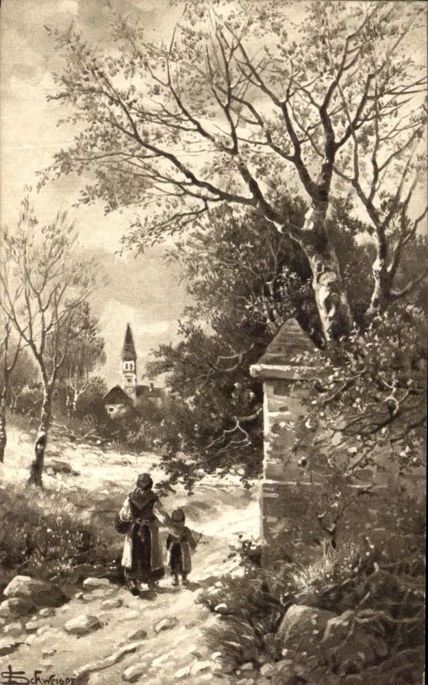 Waldlandschaft mit Weg und Kirche — Zeichnung von Schwipz — Verlag Alman, Serie 0221/2 - Vorderseite
