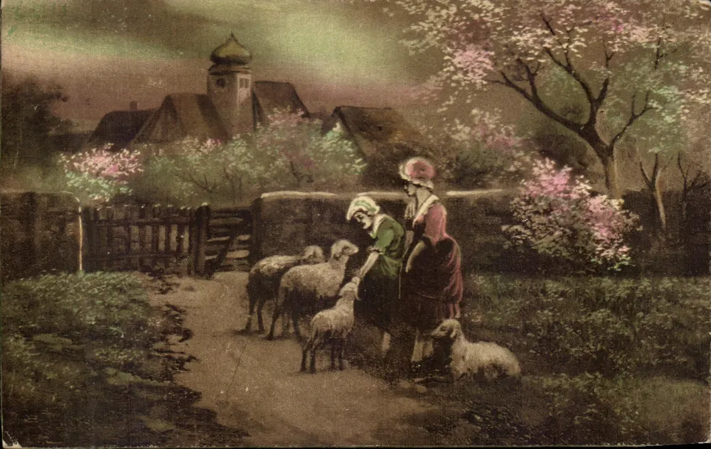 Zwei Frauen mit Schafen — ländliches Landschaftsbild mit Blumen und Kirche — Anaglie, Serie 0316 b. - Vorderseite