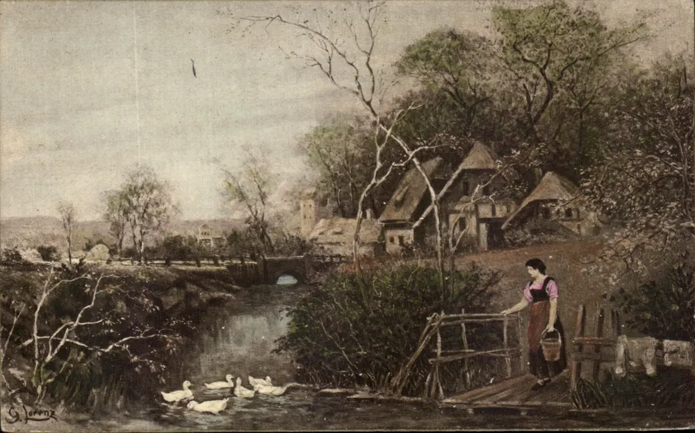 Frau mit Enten — ländlicher Landschaftsblick — W. R. B. & Co. Wien, Serie 2809 - Vorderseite