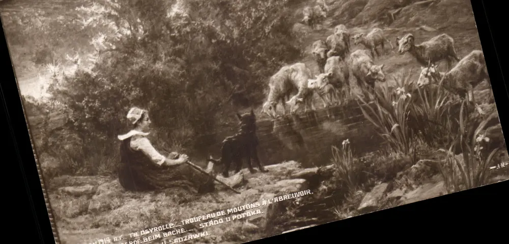 Schafherde am Tränkbrunnen — T. N. Deyrolle — Edition J. N. Sadzawski - Vorderseite