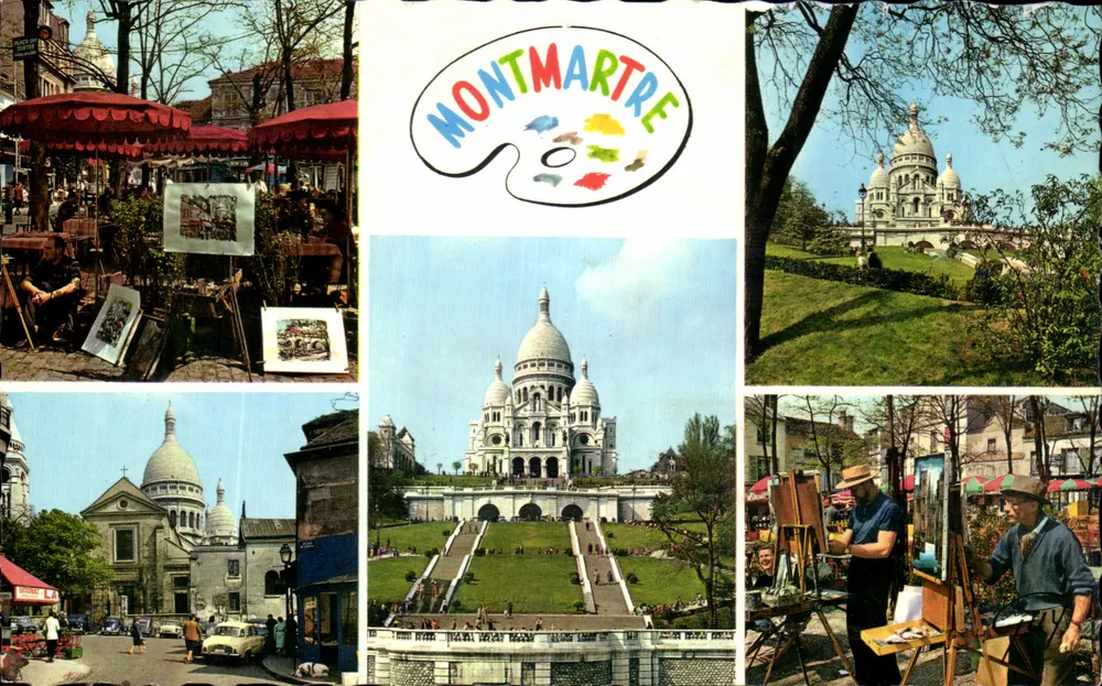 Montmartre — vista panorâmica com Sacré-Cœur e pintores — editor GUY, n°25 - Frente