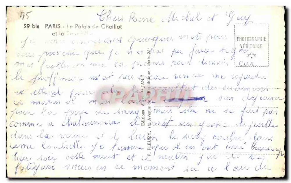 París - La Torre Eiffel — vista del Palacio de Chaillot — editor F. Fleury, n° 75 bis - Reverso