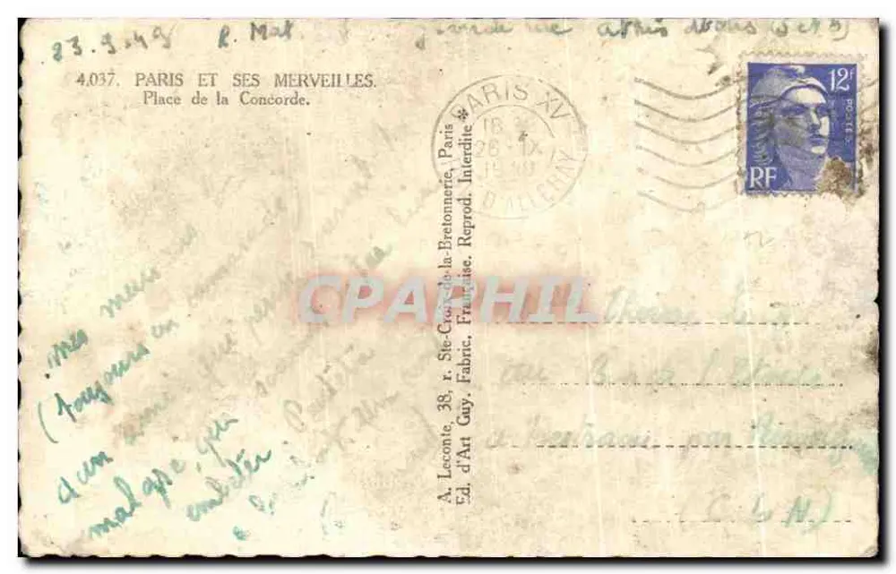 Place de la Concorde — vue avec colonne de la Concorde et obélisque — éditeur Guy, n° 4.037 - Rückseite