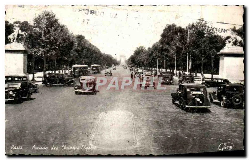 Paris - Avenida dos Campos-Élisée — vista com carros e estátuas — editor Gany - Frente