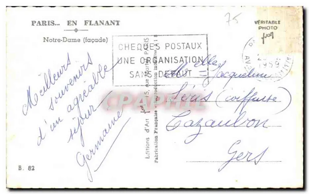 Nossa Senhora de Paris — fachada — Cheques Postais - Verso