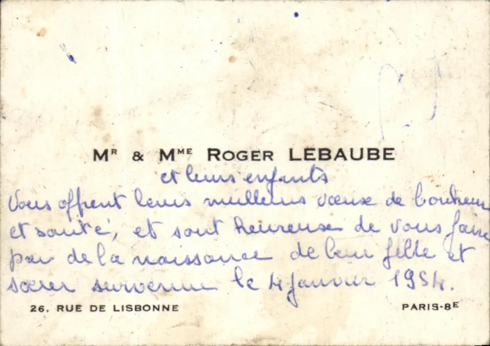 Glückwünsche zur Geburt eines Mädchens — Roger Lebaube & Familie — Paris 8e - Vorderseite