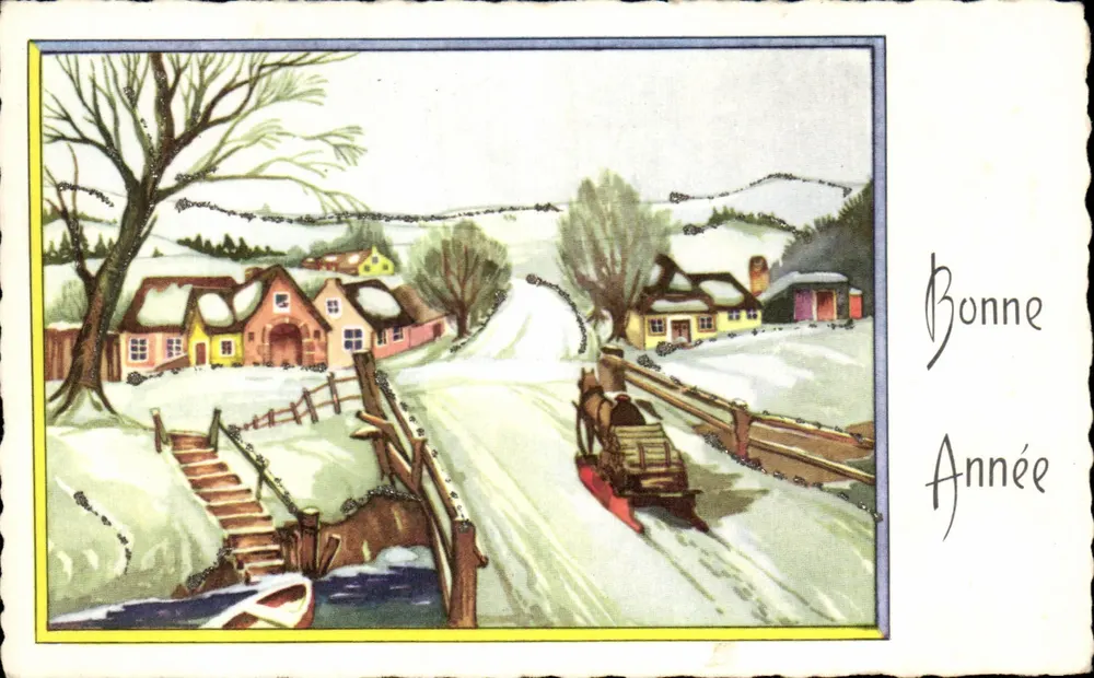 Paisaje invernal — pueblo nevado con carreta tirada por un caballo — M.D. Paris, serie n°1520 - Anverso