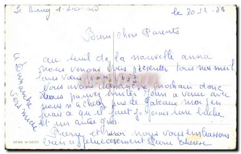 Cachorro com presente — decoração de galhos nevados — série n°3805, editor M. D. Paris - Verso