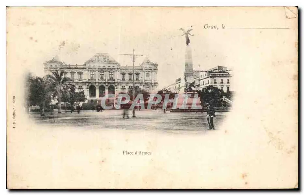 Oran, Place d'Armes — bâtiment monumental et monument central — A.-D. ARITON - 0738 - Frente