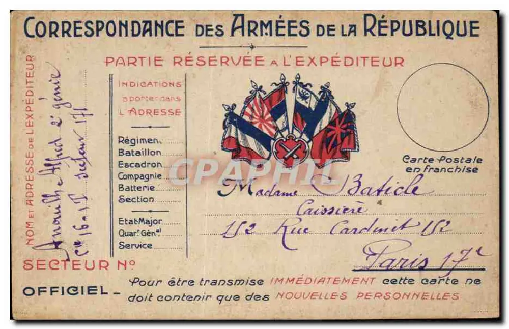 Correspondance der Armées der Republik — Ansichtskarte in Freimail — Anouilh an Madame Bahilde, Paris - Vorderseite