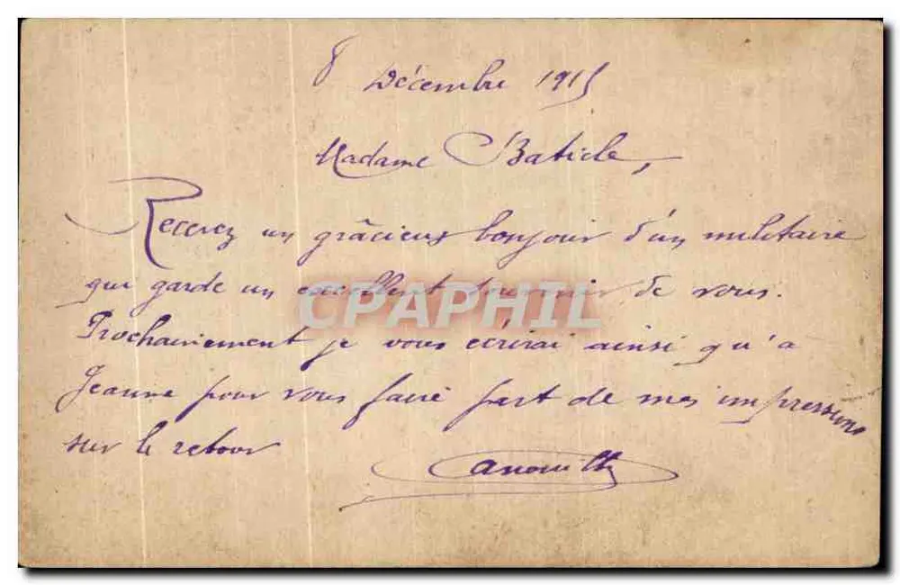 Correspondance der Armées der Republik — Ansichtskarte in Freimail — Anouilh an Madame Bahilde, Paris - Rückseite