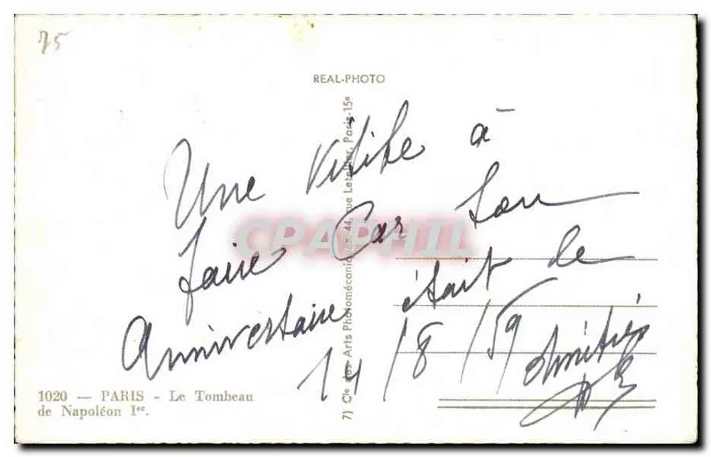 Túmulo de Napoleão I — Paris — editor REAL-PHOTO, n° 1020 - Verso