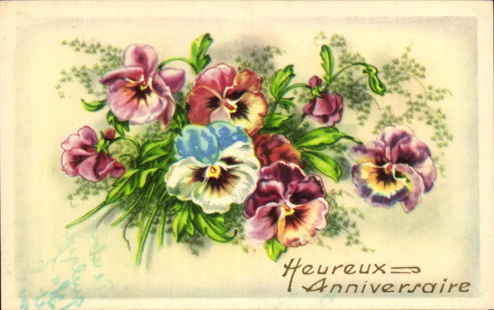 Bouquet de pensées colorées — Geburtstagskarte mit handschriftlichem Text - Vorderseite