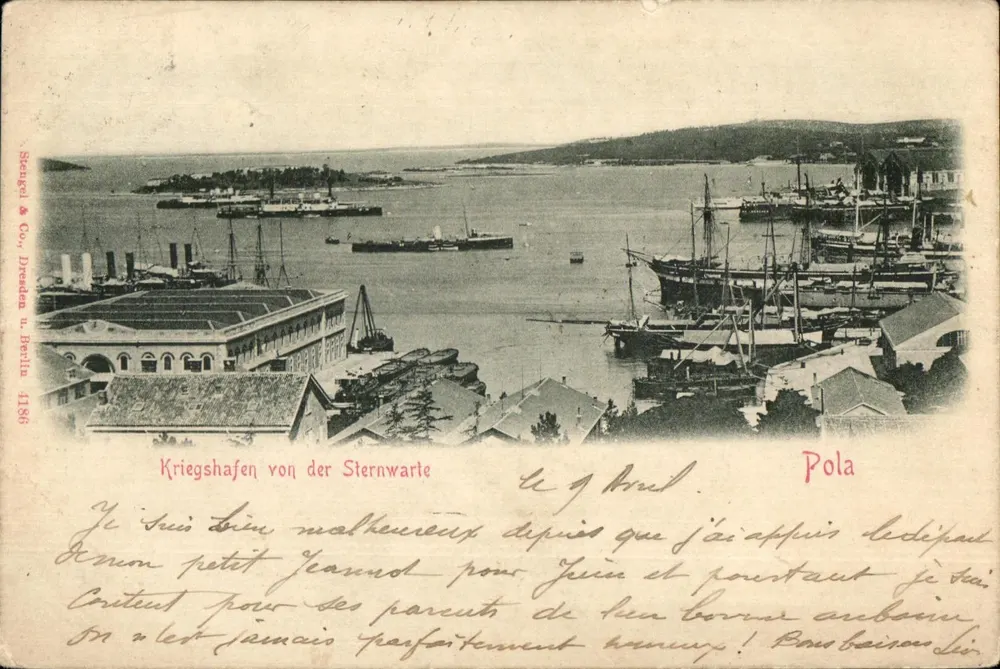 Port de Pola — vue depuis la Sternwarte — éditeur Steingel & Co., Dresde, n° 1186 - Vorderseite