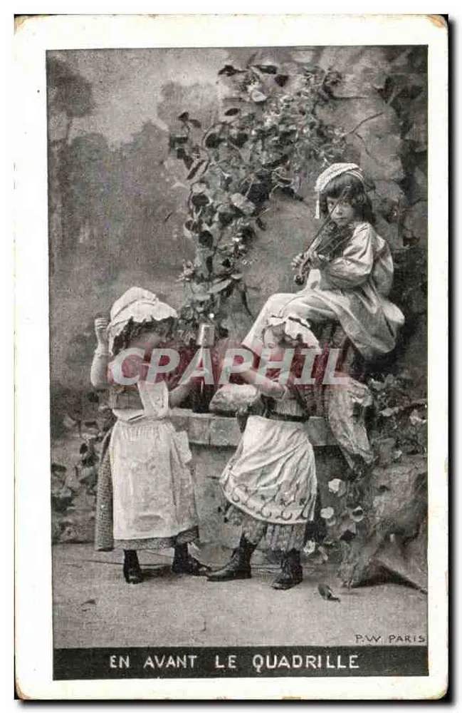 En avant le quadrille — scène de jeunes filles dans un jardin — éditeur P.W. PARIS - Frente