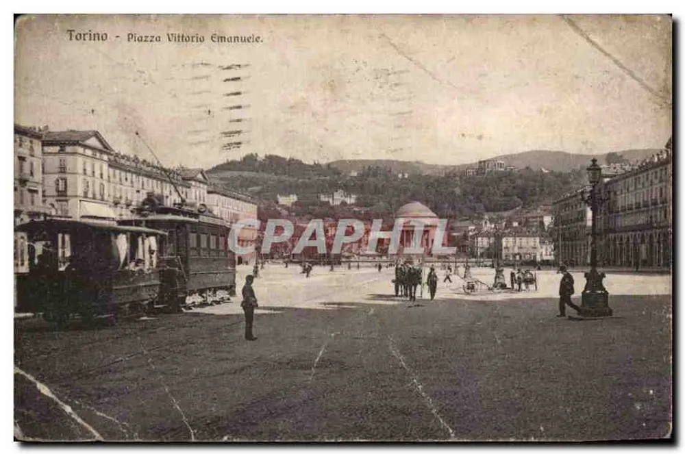 Torino - Piazza Vittorio Emanuele — vue avec tramway et colonne, éditeur Brunner & C., n° 4710 - Frente