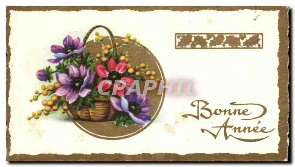 Bouquet de fleurs — panier d'anémones et de mimosa — Imprimé en France, Série N° 201 - Awers