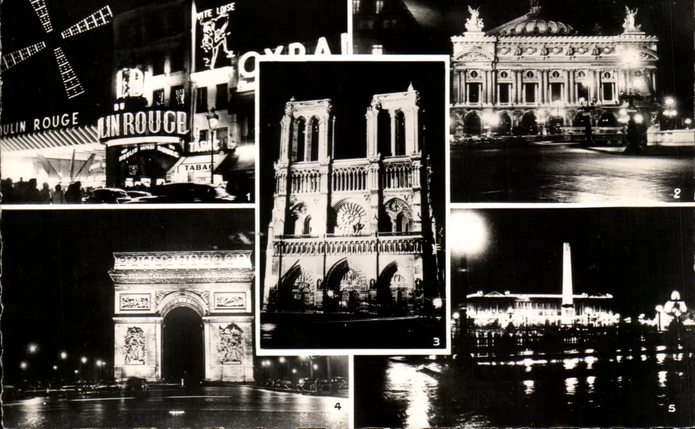 Paris nachts — Le Moulin Rouge, das Opernhaus, Notre-Dame, der Triumphbogen, die Place de la Concorde — Éditions du Globe - Vorderseite