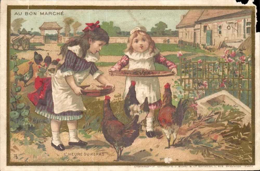 Deux fillettes nourrissant des poules — scène de jardin — éditeur J. Minot & Cie, rue Brienanger, Paris - Vorderseite
