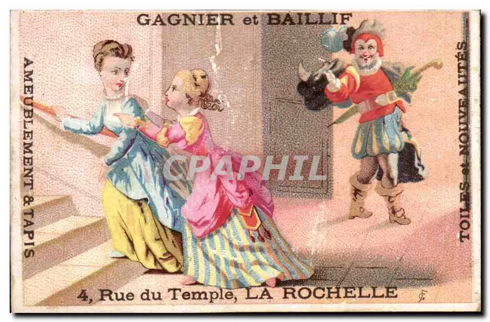 Zwei Frauen und eine Figur in Kostüm — Gagnier et Baillif — 4, Rue du Temple, La Rochelle - Vorderseite
