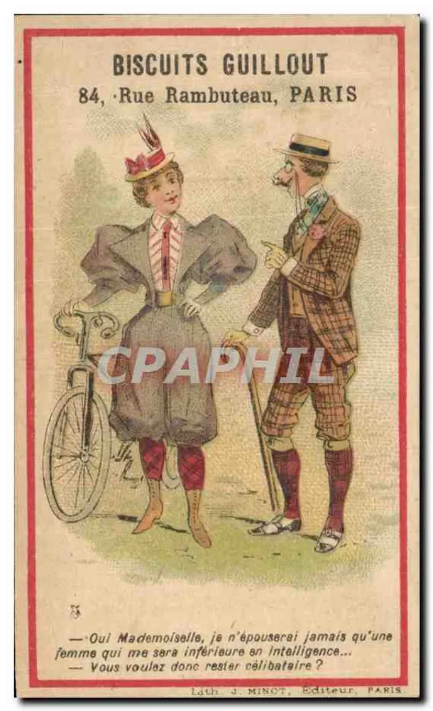 Biscotti Guillout — Pubblicità umoristica con coppia e bicicletta — Lit. J. Minot, Parigi - Recto