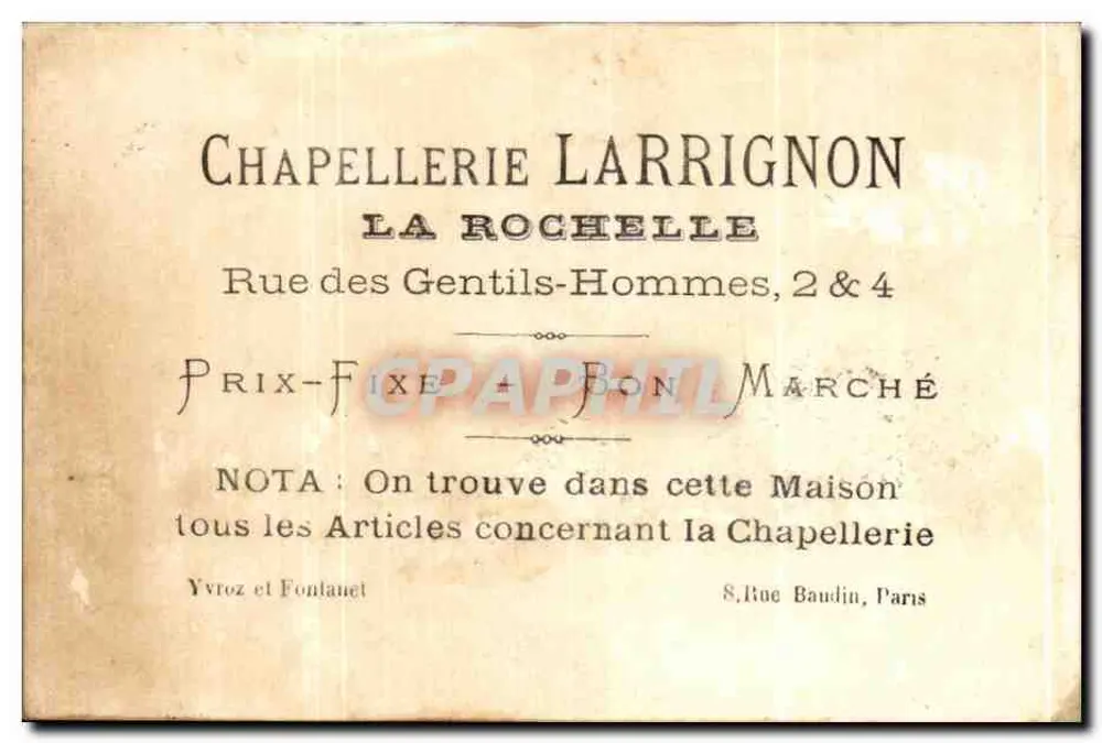 Chapellerie Larrignon — Werbung für eine Hutmanufaktur in La Rochelle — Verleger Martin Pécheur - Rückseite