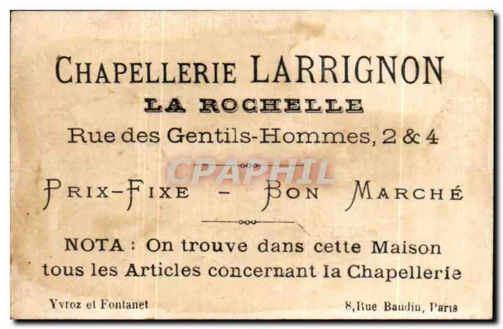 Duas jovens moças em traje oriental — propaganda para a chapelleria Larrignon — editor Yvroz e Fontanet - Verso