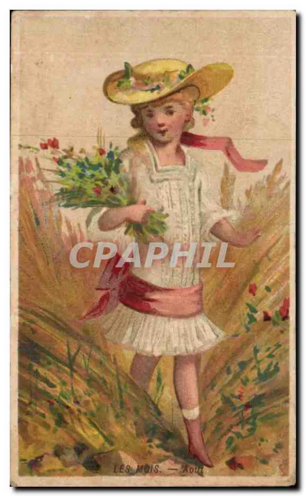 Mädchen mit Hut aus Stroh, ein Blumenbündel haltend — Die Monate. — August — Verlag: A. Bousquet, La Rochelle - Vorderseite
