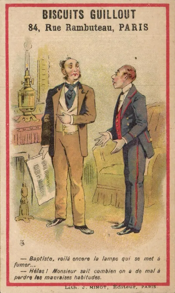 Dois homens em conversa — Biscuit Guillout — Lit. J. Minot, Paris - Frente