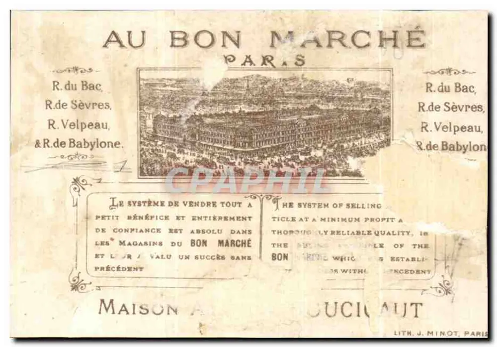 Am Bon Marché — Serie von 5 humorvollen Karten — Verlag J. Minot, Paris - Rückseite