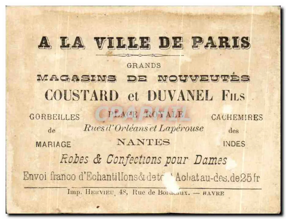 In der Stadt Paris — Werbung für die Geschäfte Coustard und Duvanel Fils — Verlag Imp. Hervieu, Havre - Rückseite