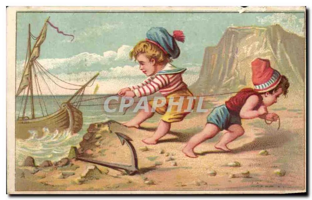 Deux enfants jouant avec un ancre sur une plage — scène maritime — éditeur Imp. Max Echillet Fils, Niort et Paris - Frente