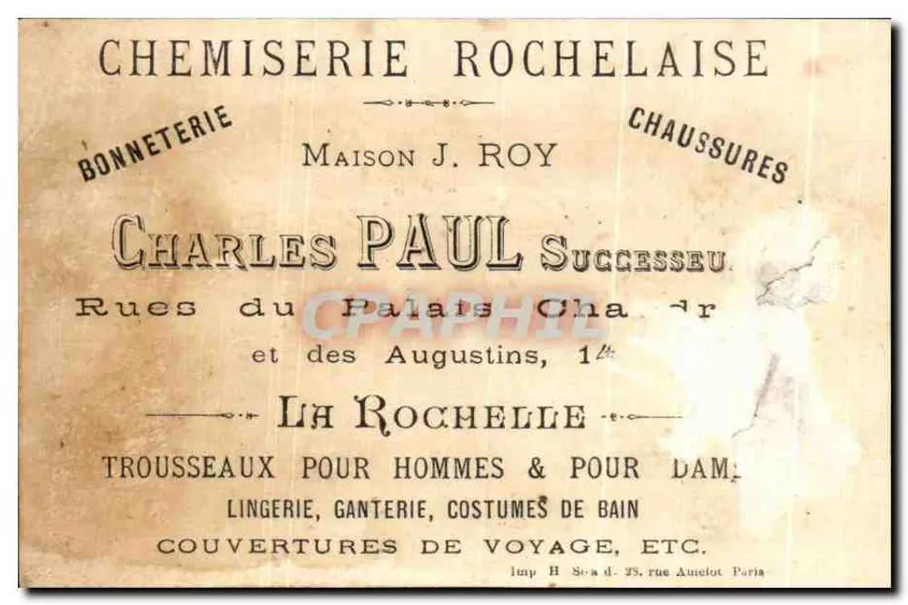 Caricature de Charles Paul Roy — successeur de la Maison J. Roy — éditeur IMP. H. Sicard, 98 rue Amelot, Paris - Rückseite