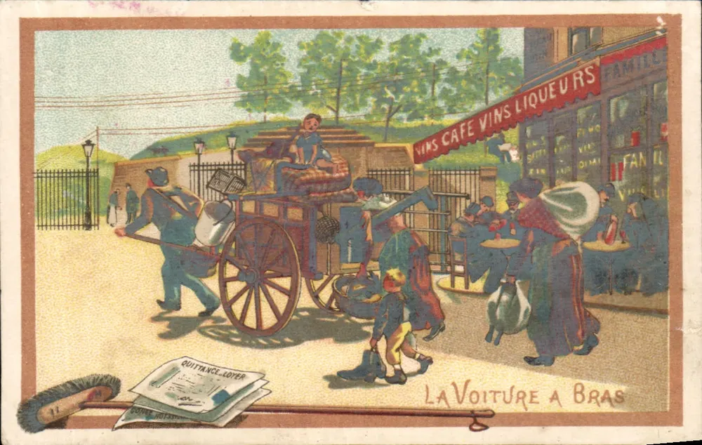 La Voiture à Bras — Scène de rue avec chariot et café — Rouchier-Bazel - Recto