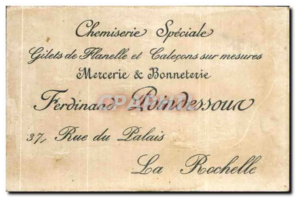 Zwei Kinder, die mit einem Fass spielen — Werbung für die Schneiderei und Schuhmacher Ferdinand Poindessous, 37 rue du Palais, La Rochelle - Rückseite