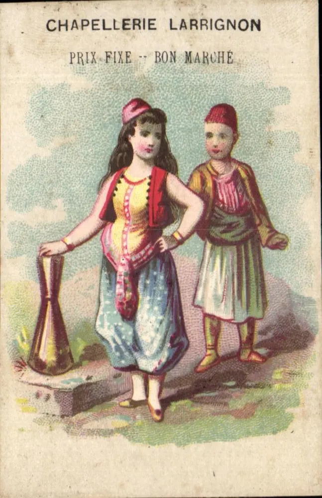 Dos niños con ropa oriental — publicidad para la sombrerería Larrignon — editor Yvroz y Fontanet - Anverso