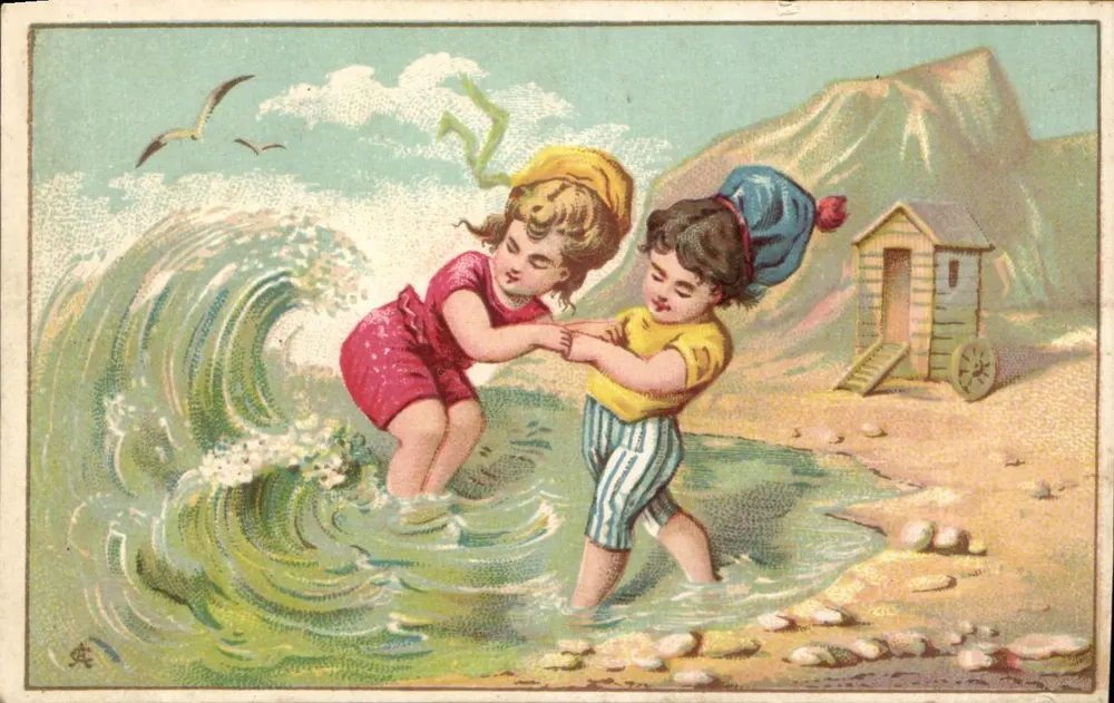 Dois crianças brincando nas ondas — ilustração colorida — editor desconhecido, número de série não visível - Frente