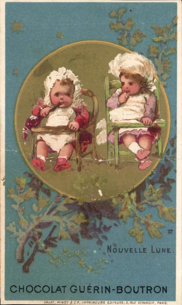 Zwei Kinder sitzen — Nacht-Szene mit Mond — Verleger VALLET, MINOT & CIE, DRUCKER, 5, RUE BERANGER, PARIS - Vorderseite