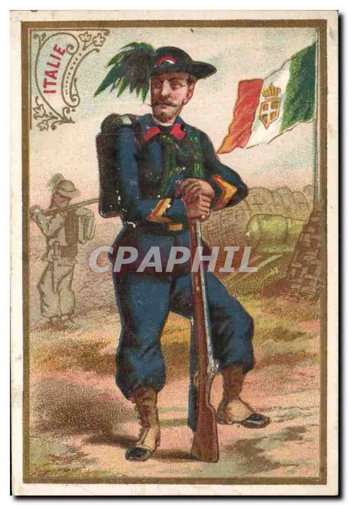 Soldado italiano — uniforme azul, fuzil, bandeira tricolor — editor 'ITALIE' (série ilegível) - Frente
