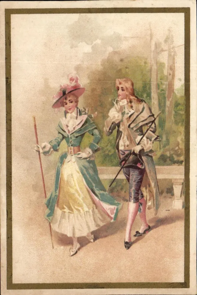 Deux personnages en costume d'époque — scène de promenade — éditeur non visible - Voorkant