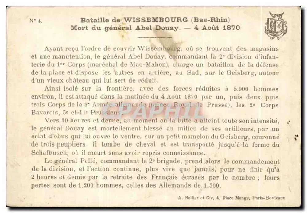 Schlacht bei Wissembourg — Tod des Generals Abel Douay — G. Germain - Rückseite