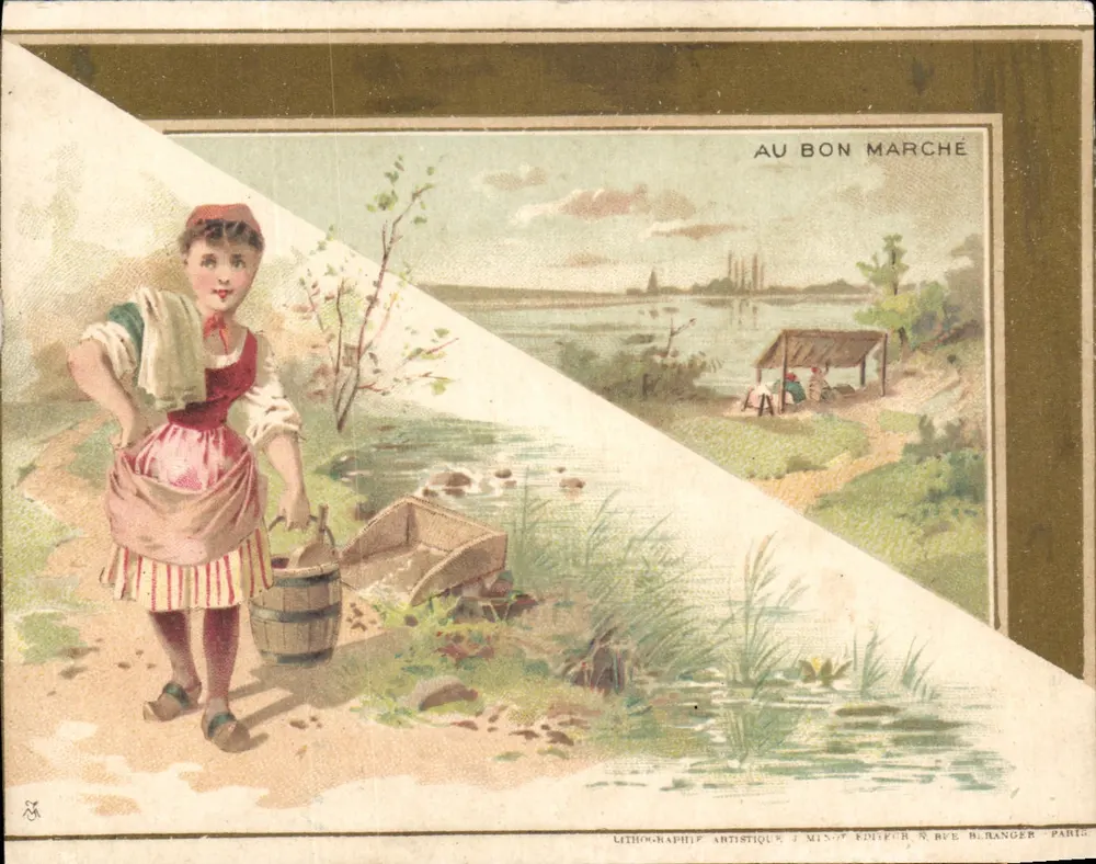 Mulher à margem do rio — publicidade para Au Bon Marché — litografia artística de Minot, editor Rye & Blanger, Paris - Frente
