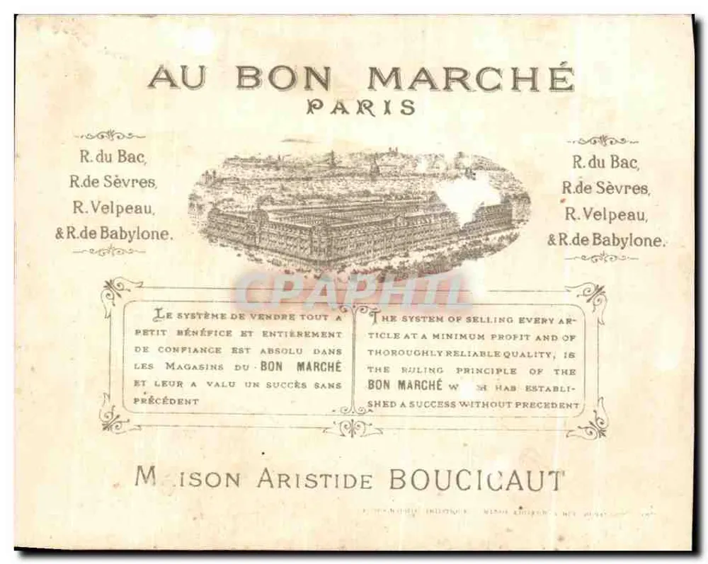 Mulher à margem do rio — publicidade para Au Bon Marché — litografia artística de Minot, editor Rye & Blanger, Paris - Verso