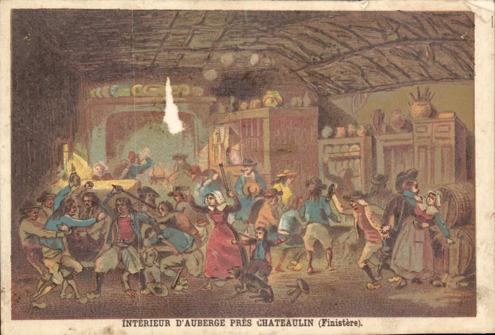 Innenraum einer Herberge nahe Châteaulin (Finistère) — lebhaftes Tanzszenario — Verleger Imp. Guénéaux frères, Nantes - Vorderseite