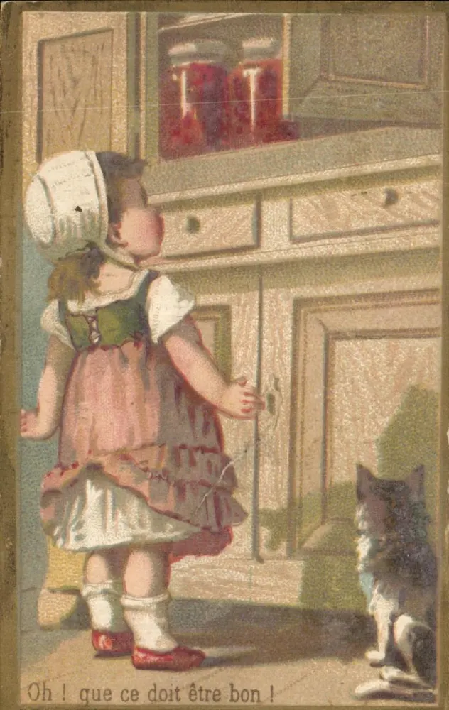 Kleine Mädchen und Katze vor einem Schrank — Verlag P. Ponvert, Ochelle - Vorderseite