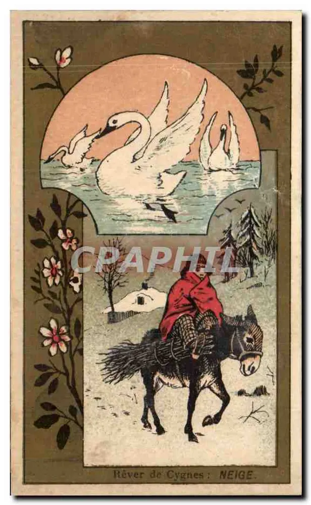 Rêver de Cygnes : NEIGE — scène hivernale avec cavalier sur mulet et cygnes en vol, éditeur LIBRAIRIE-CERIE - Vorderseite