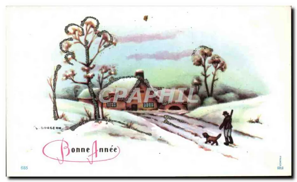 शीतकालीन दृश्य — बर्फ से ढकी घर, आदमी और कुत्ता — एल। बूज़ॉन, संख्या 685 - आगे