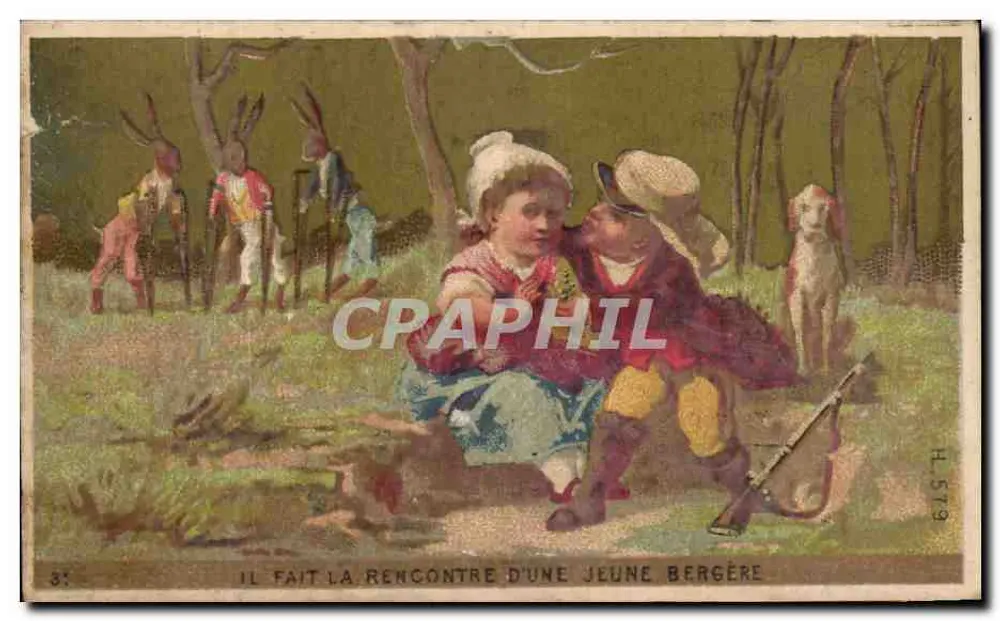 Rencontre d'une jeune bergère — scène de forêt avec lapins costumés — éditeur H. 579 - Vorderseite