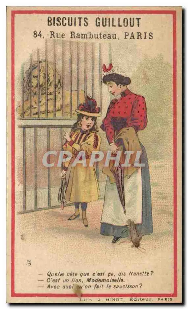 Mulher e criança diante de uma jaula — propaganda para Biscuits Guillout — Lith. J. Minot, Paris - Frente
