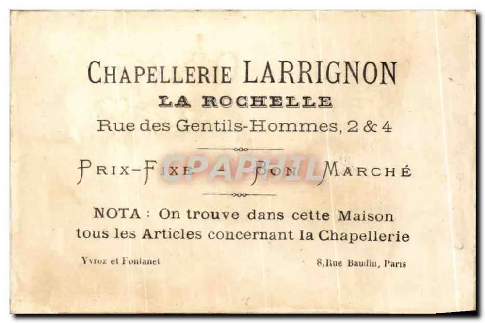 Chapellerie Larrignon — Publicidade para uma loja de chapéus em La Rochelle — editor Colibri - Verso